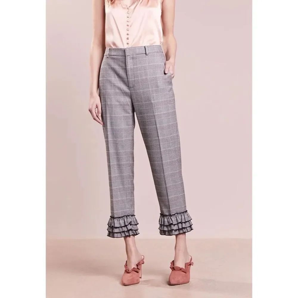Club Monaco Gray Plaid Work Trousers Size 8 Women 7/8 Length Frill Hem